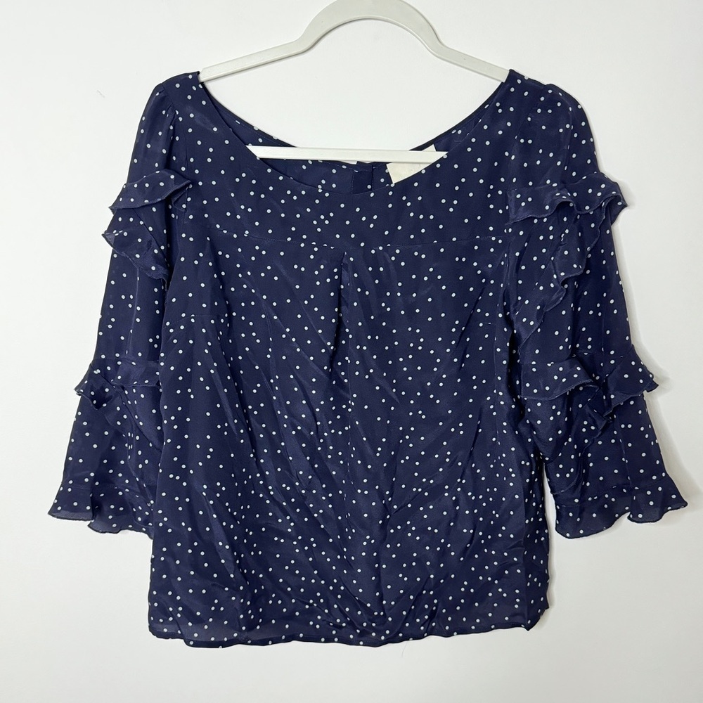Anthropologie Maeve 100% Silk Polka Dot Blouse Size 2 Ruffles Navy Blue XS Top